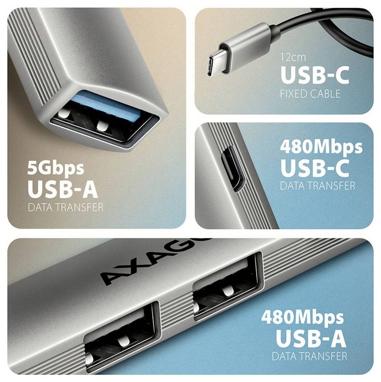 Produktbild: AXAGON HUE-STC USB-Hub 4 Port USB-C&reg;, USB-A 5 GBit/s Silber
