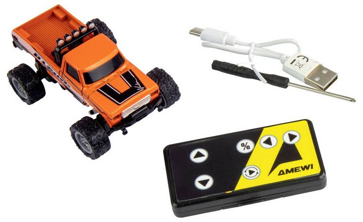 Produktbild: Amewi Orange Brushed 1:64 RC Modellauto Elektro Monstertruck Heckantrieb (2WD) RtR 2,4 GHz mit Lichteffekt, inkl. Akku und Ladekabel
