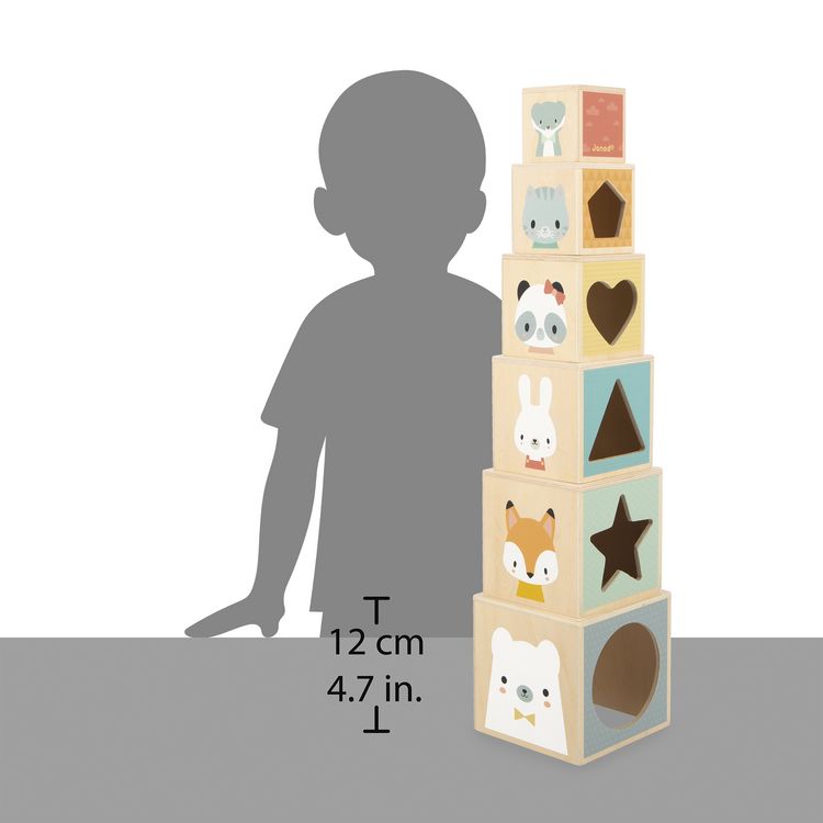 Produktbild: Holz-Stapelpyramide mit W&uuml;rfeln & Steckformen &ndash; Lernspiel ab 12 Monaten