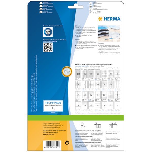 Produktbild: HERMA Etiketten permanent wei&szlig; 38,1x21,2mm 10 Blatt 650 St&uuml;ck