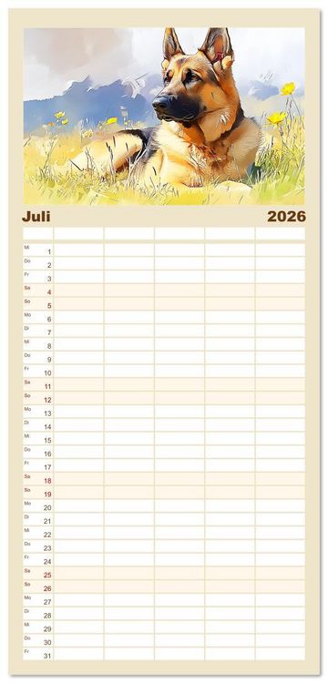 Produktbild: Familienplaner 2026 - Deutsche Sch&auml;ferhunde. Majest&auml;tische W&auml;chter im Aquarell-Stil mit 5 Spalten (Wandkalender, 21 x 45 cm) CALVENDO