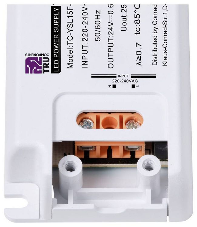 Produktbild: TRU COMPONENTS TC-YSL15F-2400625 LED-Trafo Konstantspannung 15W 0.625A 24 V/DC M&ouml;belzulassung, &Uuml;berspannung, Montage auf