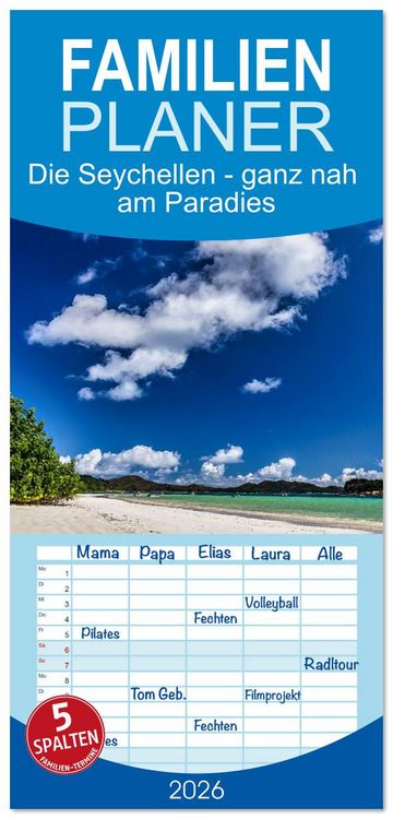 Produktbild: Familienplaner 2026 - Die Seychellen - ganz nah am Paradies mit 5 Spalten (Wandkalender, 21 x 45 cm) CALVENDO