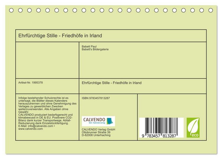 Produktbild: Ehrf&uuml;rchtige Stille - Friedh&ouml;fe in Irland (Tischkalender 2026 DIN A5 quer), CALVENDO Monatskalender