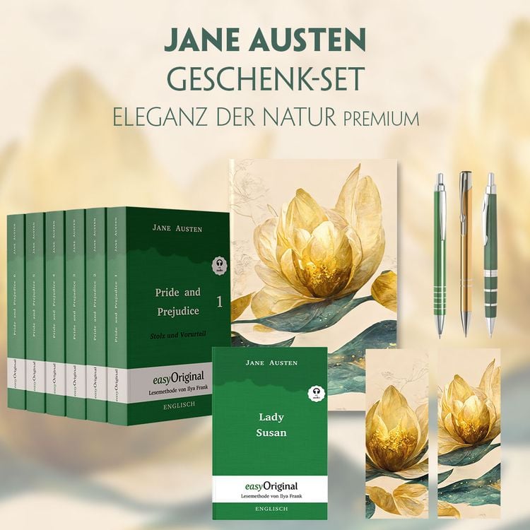 Jane Austen Geschenkset - 7 Bücher (Softcover + Audio-Online) + Eleganz der Natur Schreibset Premium