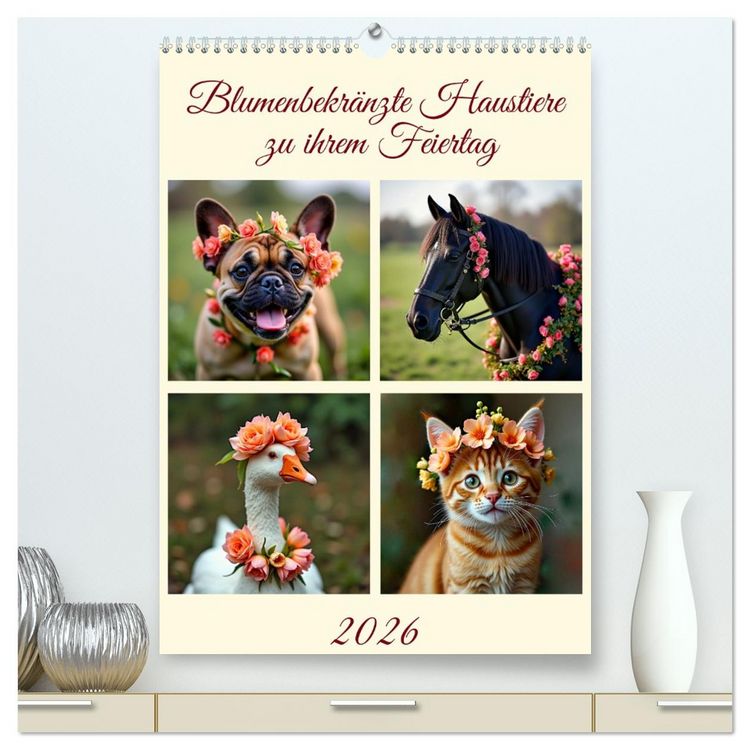 Produktbild: Blumenbekr&auml;nzte Haustiere zu ihrem Feiertag (hochwertiger Premium Wandkalender 2026 DIN A2 hoch), Kunstdruck in Hochglanz