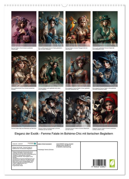 Produktbild: Eleganz der Exotik - Femme Fatale im Boh&egrave;me-Chic mit tierischen Begleitern (hochwertiger Premium Wandkalender 2026 DIN A2 hoch), Kunstdruck in Hochglanz
