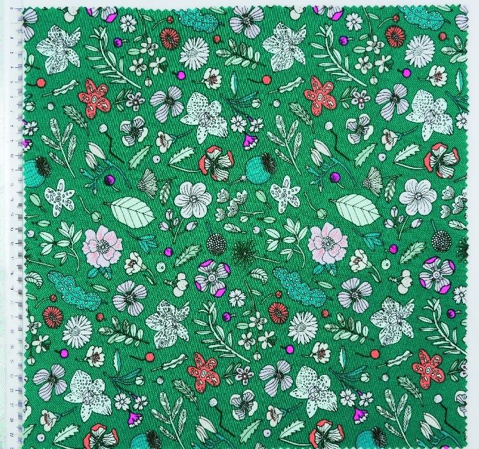 Produktbild: Stoff Gr&uuml;n, Blumen mit Neon 50 x 140 cm