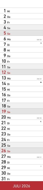 Produktbild: Streifenplaner ROT 2026 - Streifenkalender - Wandplaner - Küchen-Kalender - 11,3x49,5