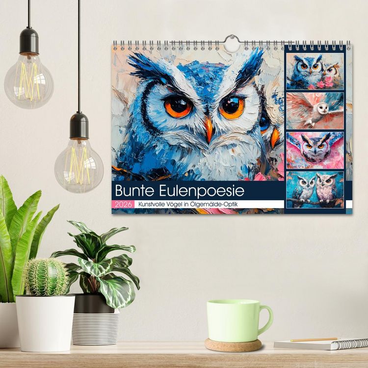 Produktbild: Bunte Eulenpoesie. Kunstvolle V&ouml;gel in &Ouml;lgem&auml;lde-Optik (Wandkalender 2026 DIN A4 quer), CALVENDO Monatskalender