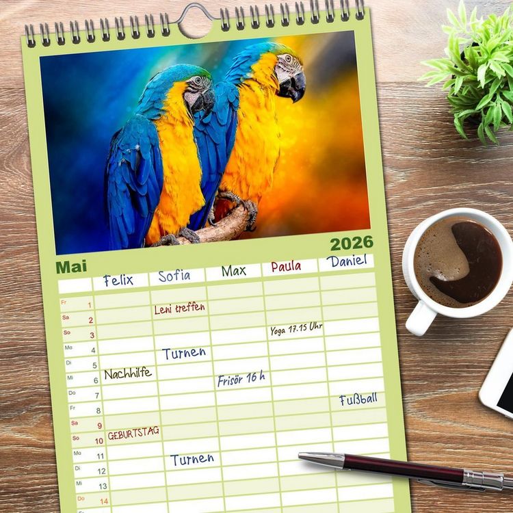 Produktbild: Familienplaner 2026 - Mein bunter Papagei mit 5 Spalten (Wandkalender, 21 x 45 cm) CALVENDO
