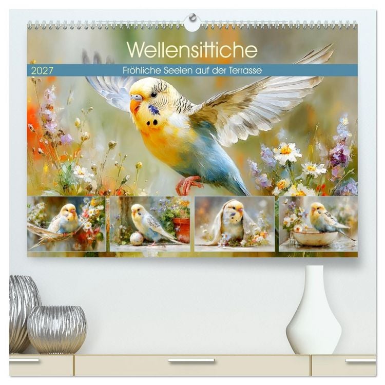 Produktbild: Wellensittiche. Fr&ouml;hliche Seelen auf der Terrasse (hochwertiger Premium Wandkalender 2027 DIN A2 quer), Kunstdruck in Hochglanz
