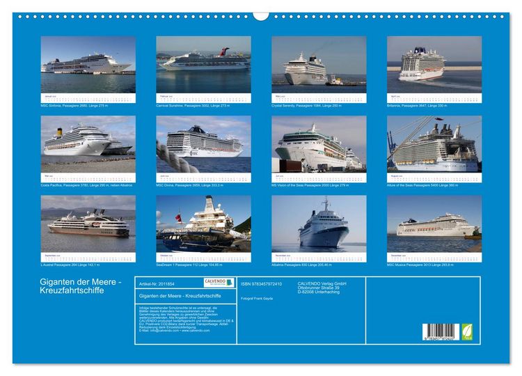 Produktbild: Giganten der Meere - Kreuzfahrtschiffe (Wandkalender 2026 DIN A2 quer), CALVENDO Monatskalender