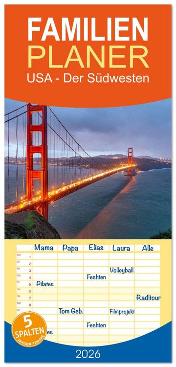 Produktbild: Familienplaner 2026 - USA - Der S&uuml;dwesten mit 5 Spalten (Wandkalender, 21 x 45 cm) CALVENDO