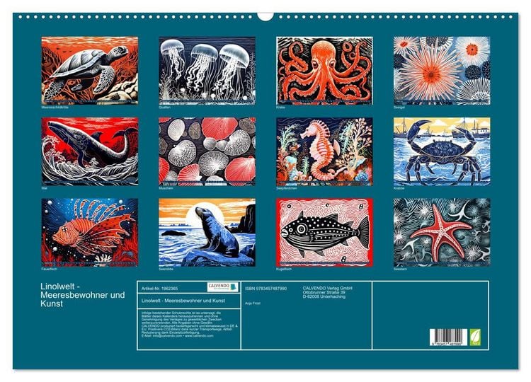 Produktbild: Linolwelt - Meeresbewohner und Kunst (Wandkalender 2026 DIN A2 quer), CALVENDO Monatskalender
