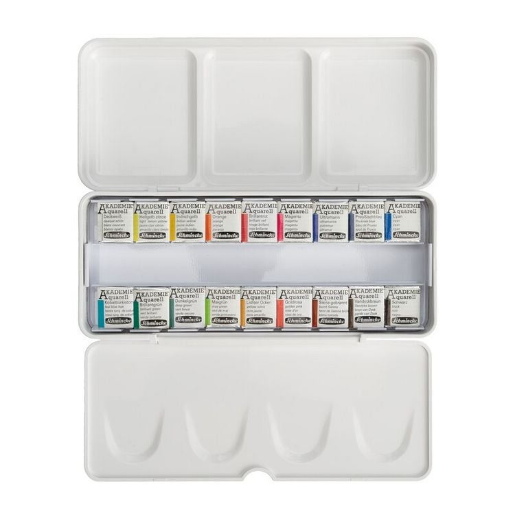 Produktbild: Schmincke AKADEMIE Aquarell Malkasten, Kunststoffset, 18 x 1/2 N&auml;pfchen mit Gummiband