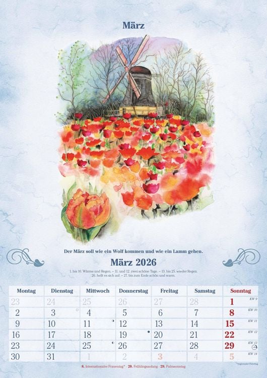 Produktbild: 100-jähriger Kalender 2026 - Bildkalender A3 (29,7x42 cm) - mit Feiertagen (DE/AT/CH) und Platz für Notizen - inkl. Bauernregeln - Wandkalender