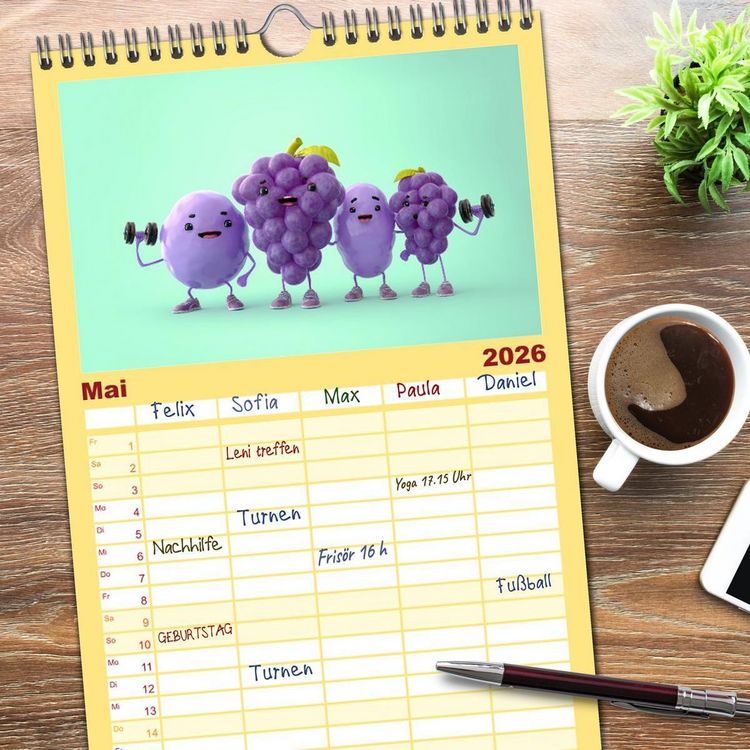 Produktbild: Familienplaner 2026 - Esse ich nicht! Der freche Kinderkalender mit Obst & Gem&uuml;se mit 5 Spalten (Wandkalender, 21 x 45 cm) CALVENDO