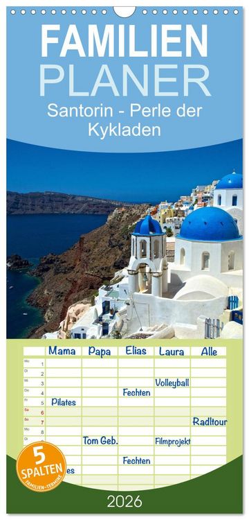 Produktbild: Familienplaner 2026 - Santorin - Perle der Kykladen mit 5 Spalten (Wandkalender, 21 x 45 cm) CALVENDO