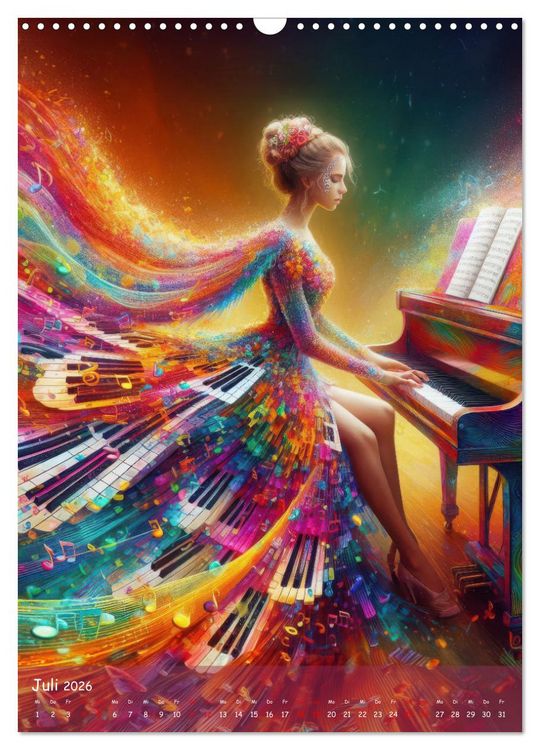 Produktbild: Musikalische Magie &ndash; Frauen in klangvollen Kleidern aus Noten und Farbe (Wandkalender 2026 DIN A3 hoch), CALVENDO Monatskalender