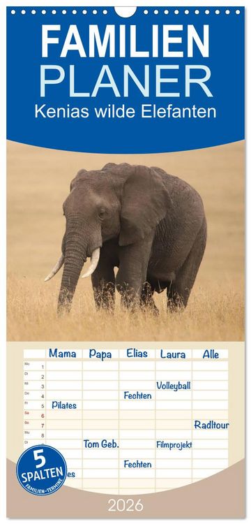 Produktbild: Familienplaner 2026 - Kenias wilde Elefanten mit 5 Spalten (Wandkalender, 21 x 45 cm) CALVENDO