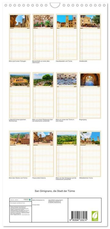 Produktbild: Familienplaner 2027 - San Gimignano, die Stadt der T&uuml;rme mit 5 Spalten (Wandkalender, 21 x 45 cm) CALVENDO