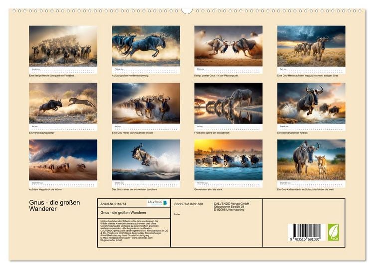 Produktbild: Gnus - die gro&szlig;en Wanderer (hochwertiger Premium Wandkalender 2026 DIN A2 quer), Kunstdruck in Hochglanz