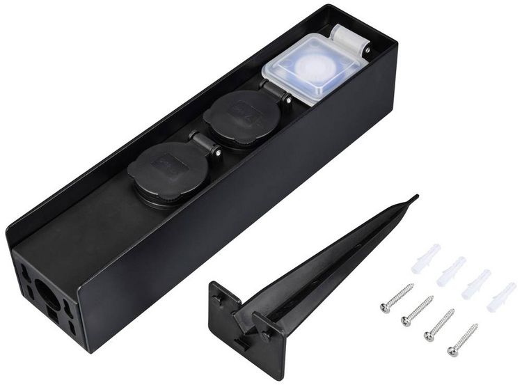 Produktbild: Sygonix SY-6121656 Gartensteckdose mit Zeitschaltuhr 2fach Schwarz erh&ouml;hter Ber&uuml;hrungsschutz, mit Erdspie&szlig;, mit Zeitschaltuhr