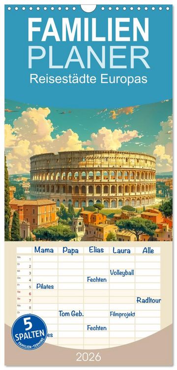 Produktbild: Familienplaner 2026 - Reisest&auml;dte Europas mit 5 Spalten (Wandkalender, 21 x 45 cm) CALVENDO