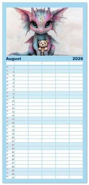 Produktbild: Familienplaner 2026 - Dinozauber &ndash; Wenn Urzeitbewohner zu Freunden werden mit 5 Spalten (Wandkalender, 21 x 45 cm) CALVENDO