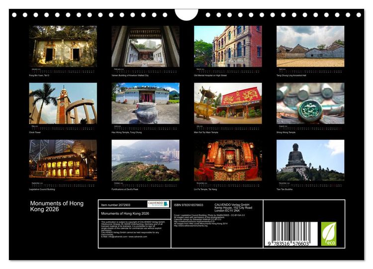 Produktbild: Monuments of Hong Kong 2026 (Wall Calendar 2026 DIN A4 landscape), CALVENDO 12 Month Wall Calendar