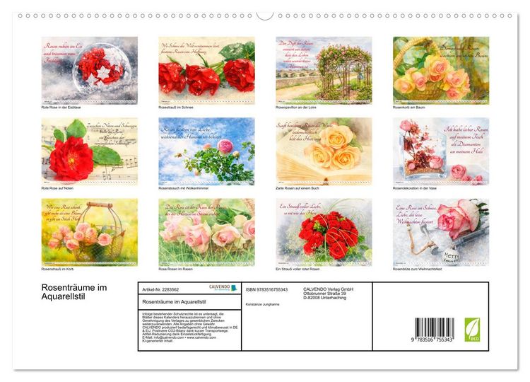 Produktbild: Rosentr&auml;ume im Aquarellstil (hochwertiger Premium Wandkalender 2027 DIN A2 quer), Kunstdruck in Hochglanz
