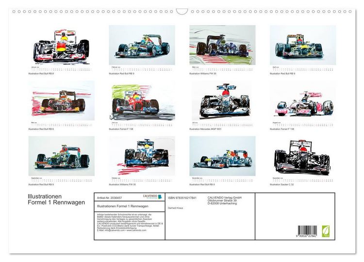 Produktbild: Illustrationen Formel 1 Rennwagen (Wandkalender 2026 DIN A2 quer), CALVENDO Monatskalender