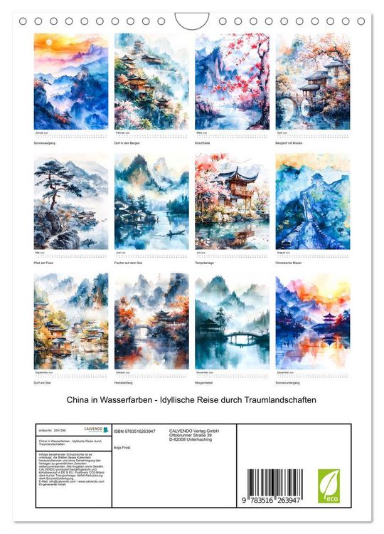 Produktbild: China in Wasserfarben - Idyllische Reise durch Traumlandschaften (Wandkalender 2026 DIN A4 hoch), CALVENDO Monatskalender
