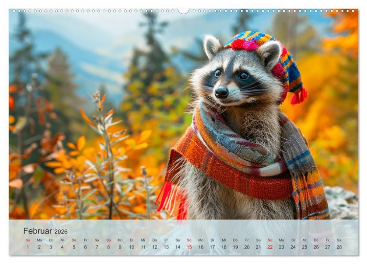 Produktbild: Niedlicher Waschb&auml;ren-Style. Modisch, elegant und blumig (hochwertiger Premium Wandkalender 2026 DIN A2 quer), Kunstdruck in Hochglanz
