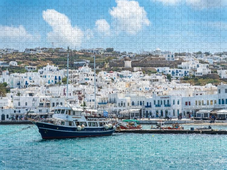 Produktbild: CALVENDO Puzzle Mykonos - Fischerboot im alten Hafen | 1000 Teile Lege-Gr&ouml;&szlig;e 64x48cm Foto-Puzzle f&uuml;r gl&uuml;ckliche Stunden
