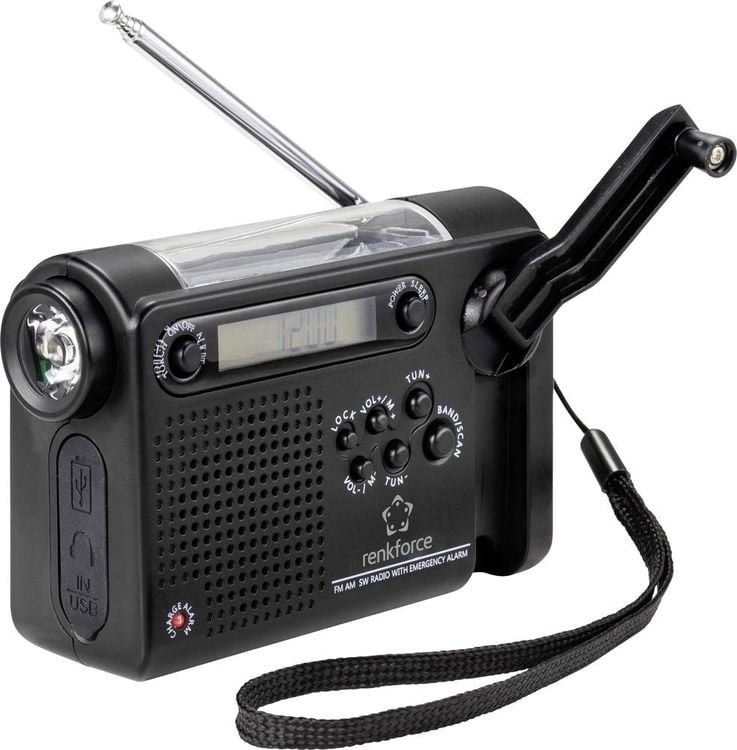 Renkforce RF-CR-200 Kofferradio UKW, MW, KW Notfallradio wiederaufladbar, Solarpanel, Handkurbel, Weckfunktion, Taschenlampe Schwarz