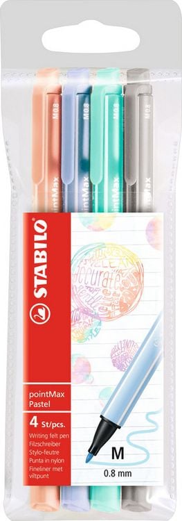 Produktbild: STABILO Filzschreiber -   pointMax - 4er Pack - Pastellfarben - kobaltblau hell, eisgr&uuml;n, hellrosa, hellgrau
