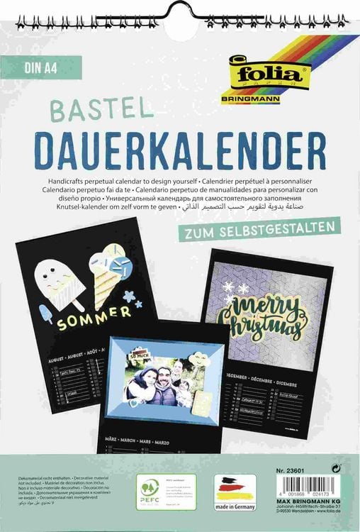 Produktbild: Folia  Dauerkalender mit Spiralbindung 170g/m&sup2;, DIN A4, Papier schwarz, Druck silber