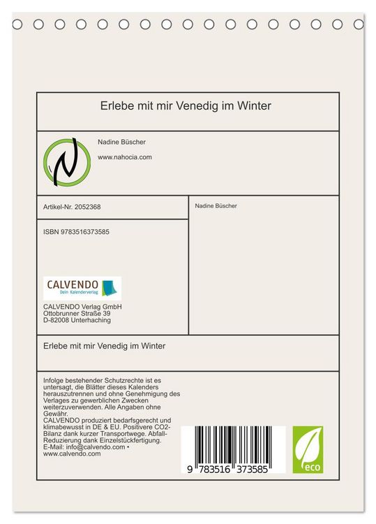 Produktbild: Erlebe mit mir Venedig im Winter (Tischkalender 2026 DIN A5 hoch), CALVENDO Monatskalender