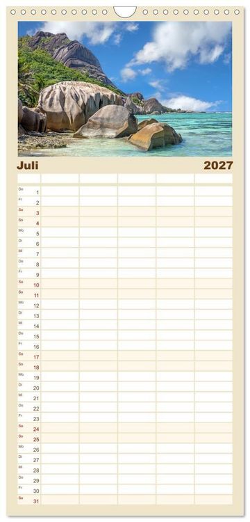 Produktbild: Familienplaner 2027 - Seychellen: La Digue und Mah&eacute; - zwei Trauminseln mit 5 Spalten (Wandkalender, 21 x 45 cm) CALVENDO