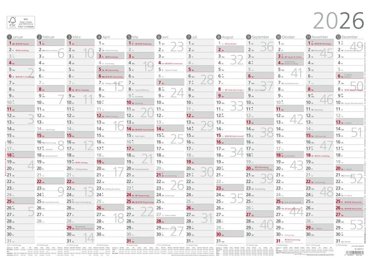 Produktbild: Jahresübersicht A3 12 Monate 1 Stk. plano 2026 - 42x29,7 cm - gerollt - mit Arbeitstage- und Wochenzählung - Posterkalender - Jahresplaner - 939-6111