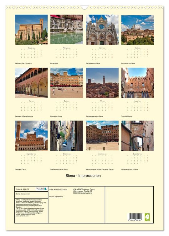 Produktbild: Siena - Impressionen (Wandkalender 2026 DIN A2 hoch), CALVENDO Monatskalender