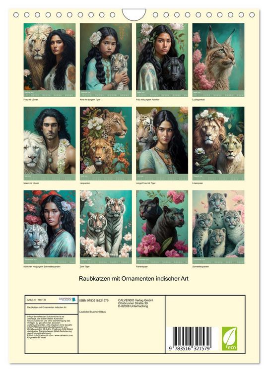 Produktbild: Raubkatzen mit Ornamenten indischer Art (Wandkalender 2026 DIN A4 hoch), CALVENDO Monatskalender