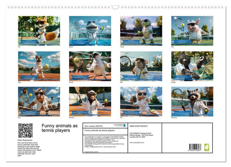 Produktbild: Funny animals as tennis players (Wall Calendar 2026 DIN A2 landscape), CALVENDO 12 Month Wall Calendar