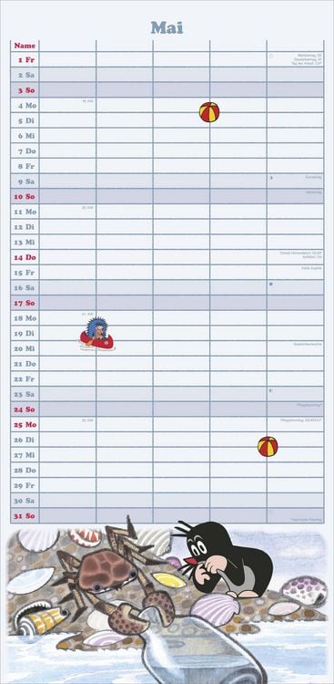 Produktbild: N NEUMANNVERLAGE - Der kleine Maulwurf 2026 Familienplaner, 22x45cm, Familienkalender mit 5 Spalten für Termine und Notizen, schöne Abbildungen, Stund
