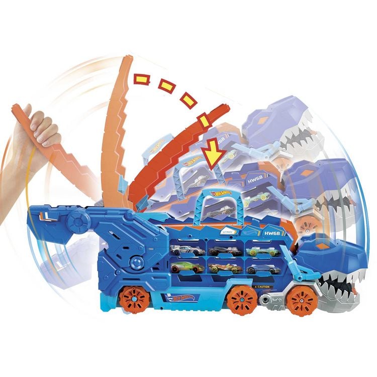 Produktbild: Der Hot Wheels City Ultimative Transporter verwandelt sich in einen T-Rex mit Rennstrecke, Aufbewahrung von mehr als 20 Autos