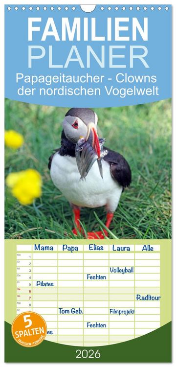 Produktbild: Familienplaner 2026 - Papageitaucher - Clowns der nordischen Vogelwelt mit 5 Spalten (Wandkalender, 21 x 45 cm) CALVENDO