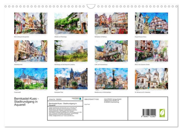 Produktbild: Bernkastel-Kues - Stadtrundgang in Aquarell (Wandkalender 2026 DIN A3 quer), CALVENDO Monatskalender