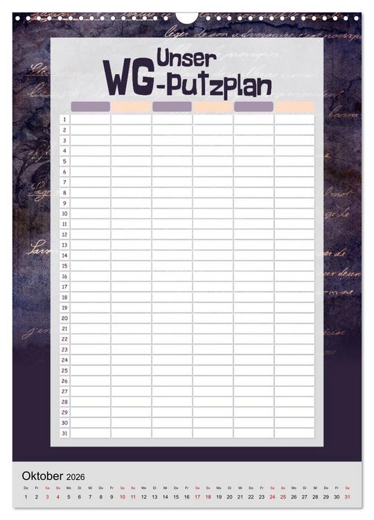 Produktbild: Gothic WG-Putzplan & Kalender 2026 (Wandkalender 2026 DIN A3 hoch), CALVENDO Monatskalender